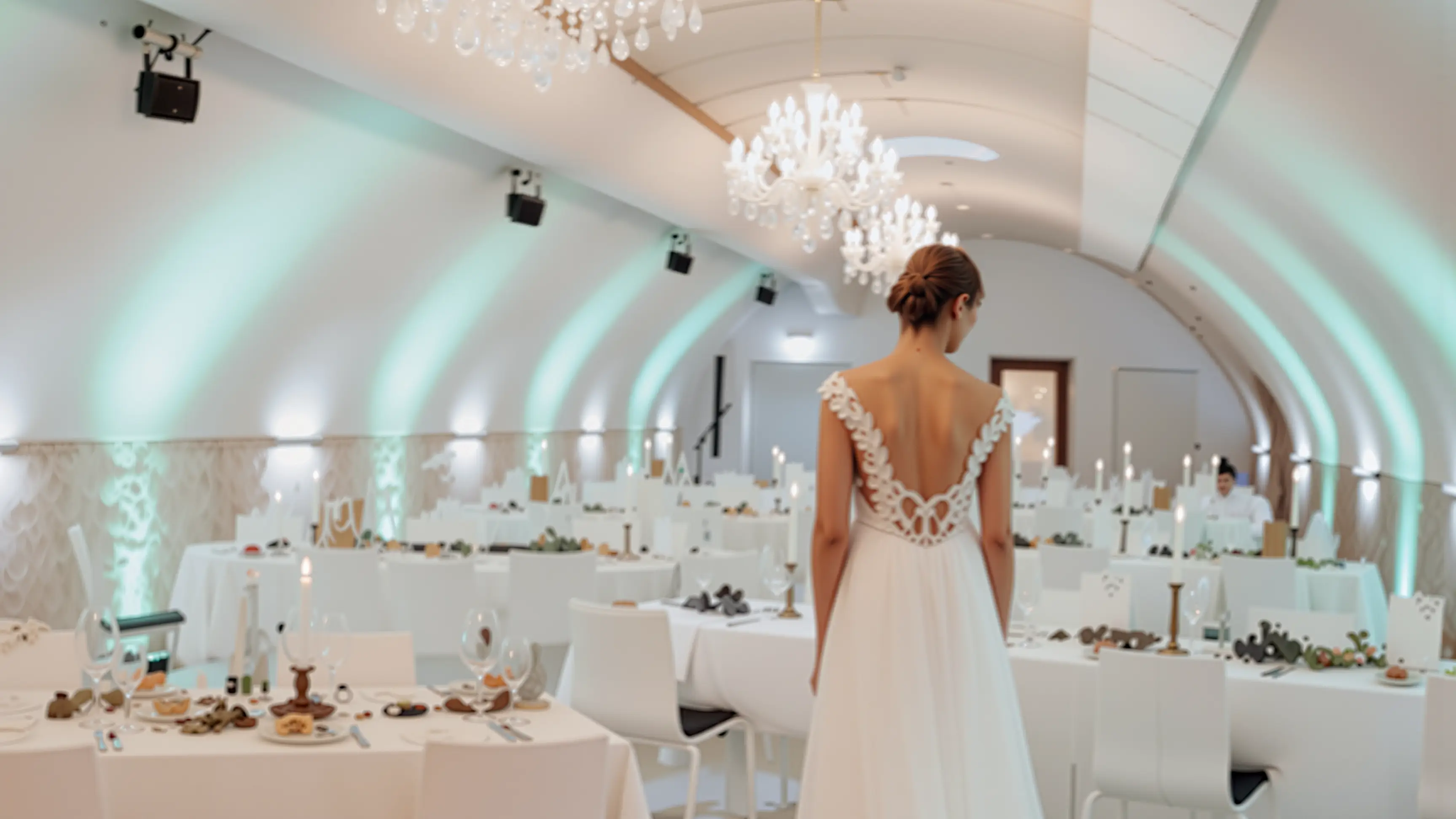 Braut im weißen Kleid im festlich gedeckten Gewölbekeller